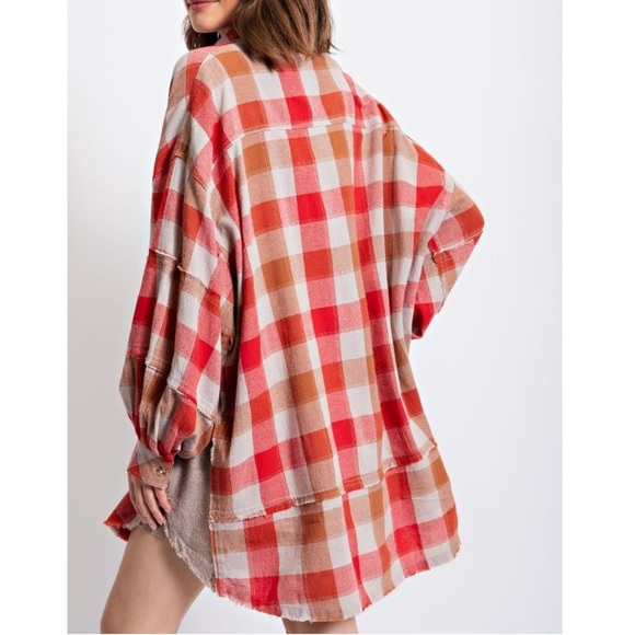 Red and Tan Plaid Button Down oversized shirt - Picture 4 of 12